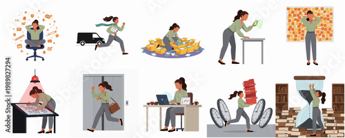 Flat Design Illustration Pack Showing Busy Woman Coping with Stressful Work and Tight Deadlines