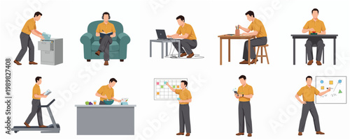 Flat Illustration Man in Various Daily Activity Poses Set Collection