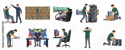 Simple Flat Illustration Collection of Men Enjoying Gaming and Technology Activities