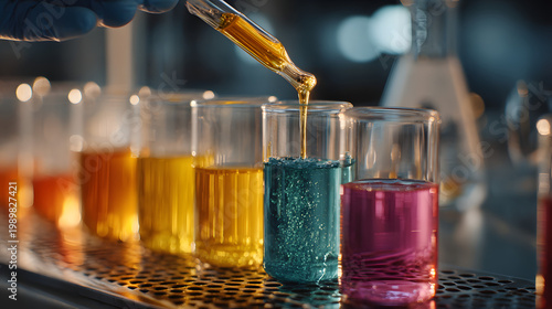 Chemist pouring liquids carefully into beakers for chemical reaction