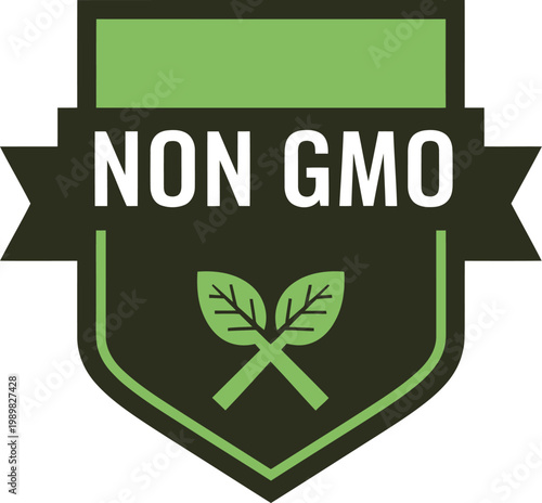 Non GMO Badge Icon with Green Leaves for Organic and Natural Food Packaging Labels