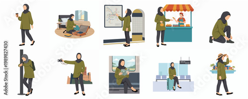 Flat Illustration Set of Hijab Woman Doing Activities on Vacation