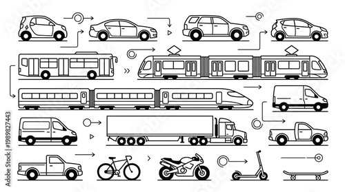 Set of transportation icons featuring cars, trucks, buses, vans, taxis, jeeps and delivery vehicles in vector illustration style