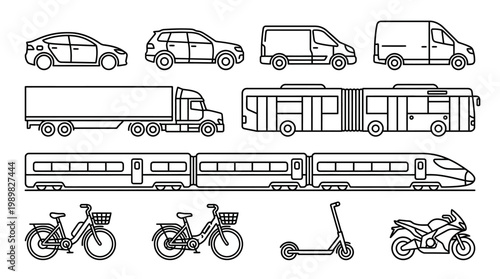 Transportation vector icon set of cars trucks buses vans taxis and delivery vehicles for road travel and traffic symbol illustration collection