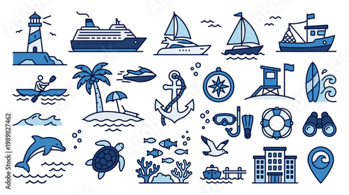Diverse Set of Blue Outline Marine and Beach Icons with Lighthouse, Cruise Ship, and Snorkel Gear, in bright studio.