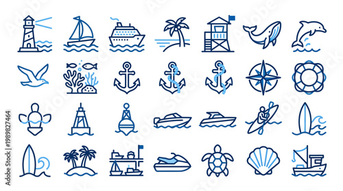 Seamless nautical vector pattern with sailing ships, boats, anchors, ocean, beach, sun, umbrella, mountain and summer vacation icons