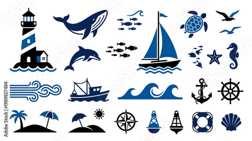 Nautical sailing vector icon set featuring boats ships yachts sailboats ocean waves sea travel and marine transport symbols illustration