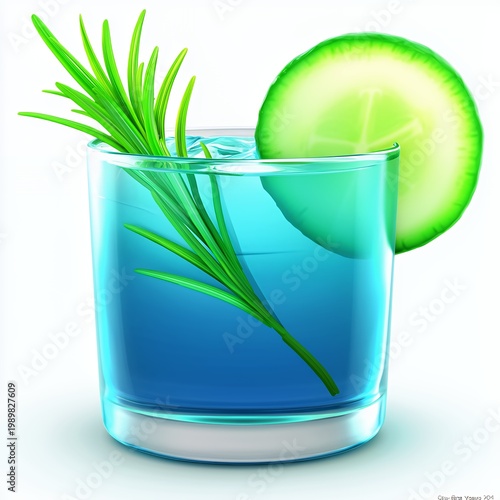 Blue Cocktail with Cucumber and Rosemary Garnish in Clear Glass