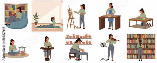 Flat Illustration of Diverse Hobby Activities Lifestyle Woman Doing Activity