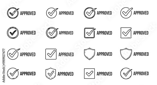 A collection of green approved icons with checkmarks on a white background