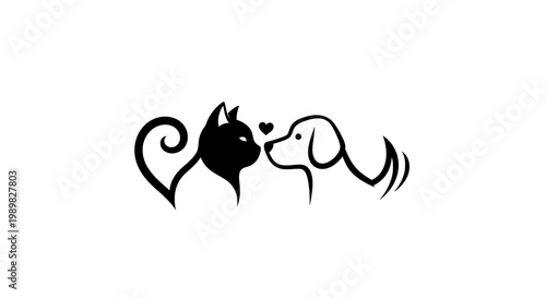A cute illustration of a cat and dog sharing a loving moment