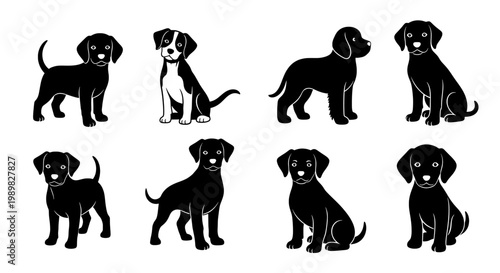 A group of adorable black and white puppy illustrations on a clean white background