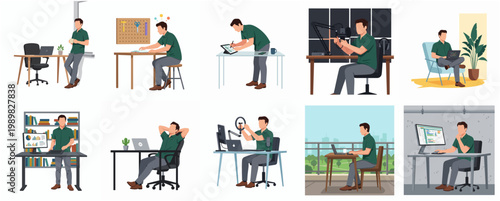 Flat Style Man Working at Desk with Computer Illustration Set