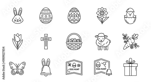 A collection of Easter themed icons on a light background