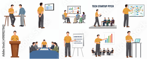 Flat Design Businessman Presentation and Startup Meeting Scene Illustration Set