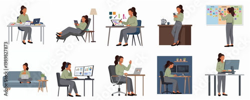 Flat Illustration Woman Working from Home Activity Set and Various Poses