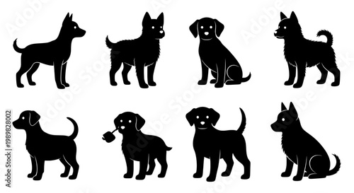 A collection of black dog silhouettes in various poses and breeds