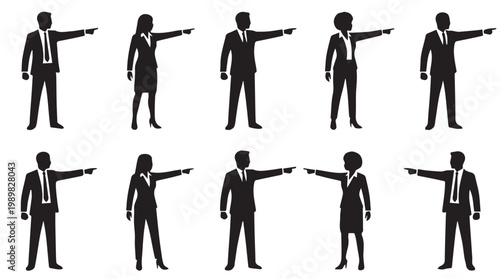 Business people pointing sideward silhouettes.