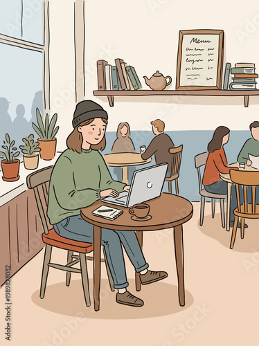 Cozy coffee shop interior with people working on laptops and chatting over tables surrounded by books and plants on shelves and windowsill. handdrawn naive