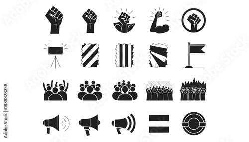 Icons of raised fists and protesting crowds representing social movements and people power.