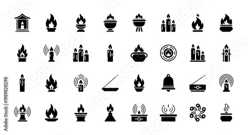 Candle flame icons set with wicks and wax shapes, minimalist black fire symbols for holiday, religion, and celebration designs