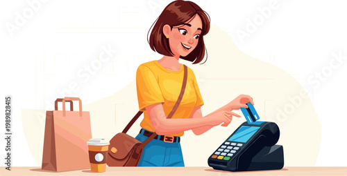 Illustration of Woman paying with card at checkout counter