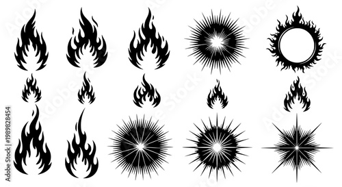 Fire flame icons set with sunburst and spark effects, hand-drawn style for combustion, energy, and Halloween graphic design