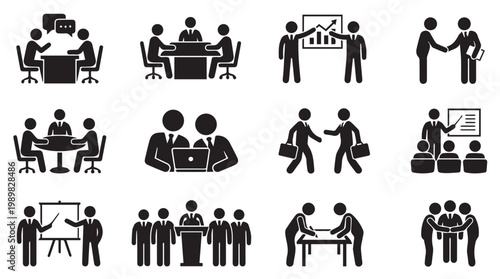 Business people icons in office settings.