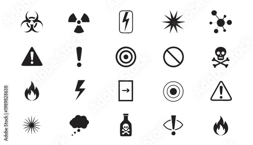 Industrial safety icons featuring radioactive symbols, high voltage, and chemical alert signs.