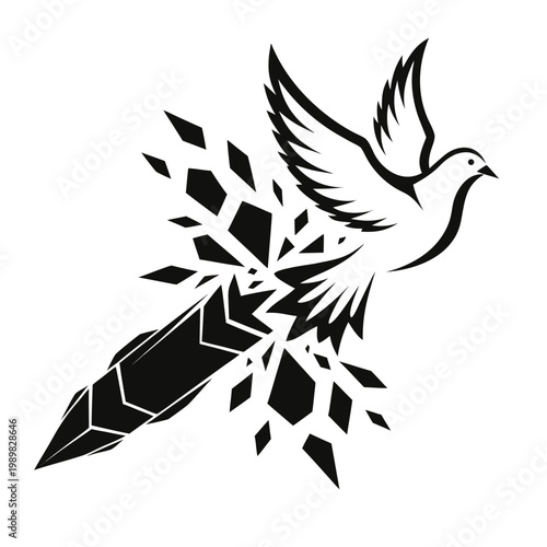 Symbolic illustration of a peace dove breaking a weapon into pieces for anti-war activism.