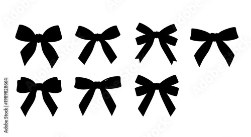 Bow tie icons set with solid black ribbon shapes, crisp silhouettes, and clean vector style for fashion design and UI