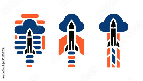 Stylized rocket launch and missile propulsion vector icons for technology and space exploration themes.