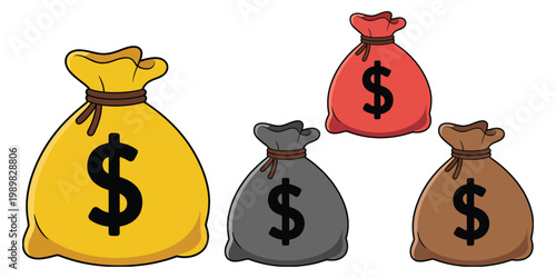 Cartoon money bag vector set featuring dollar signs, colorful finance sacks in yellow, red, and brown burlap styles, business banking icons for modern financial illustration.