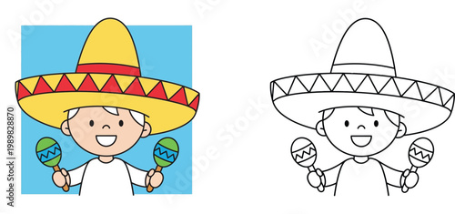 Cute Mexican boy character wearing sombrero and playing maracas. Colored and black and white coloring book page outline vector illustration.