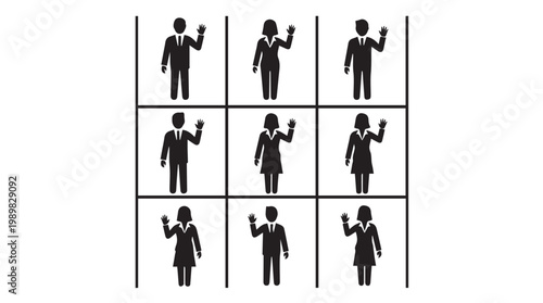 Group of people icons raising hands.