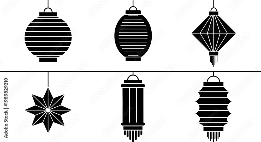 Naklejka premium Collection of Black and White Lantern Icons: Traditional Chinese and Japanese Decorative Lights
