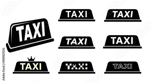 Collection of Black Taxi Signs and Icons for Transportation Services