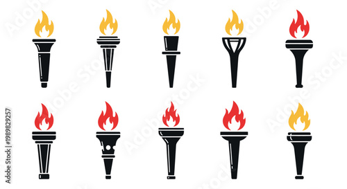 Collection of Ten Diverse Olympic Torches with Flames
