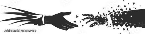 Disintegrating Hand Reaching Out Abstract Particle Dispersion Vector Illustration.