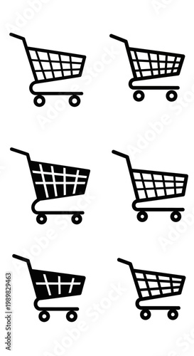Set of Six Shopping Carts Icons, Black and White, Minimalist Design