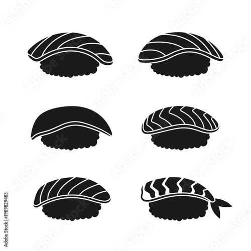 Set of Six Black Sushi Icons with White Outline: Salmon Nigiri, Tuna Nigiri, Shrimp Nigiri