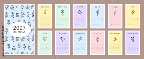 Boho floral calendar for year 2027. Line art flowers monthly calendar pages set starting from Sunday. Vertical organizer layout. Flat vector illustration