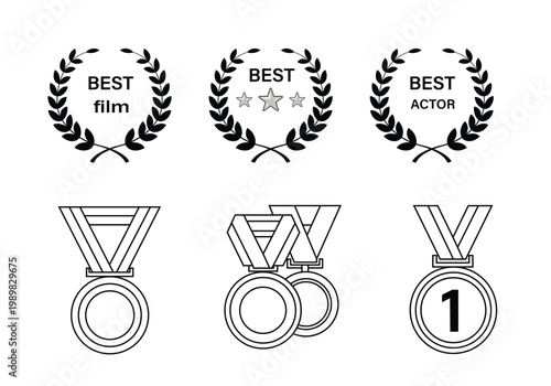 Award laurel wreaths and competition medals line art set for film festivals sports achievements and first place honors.