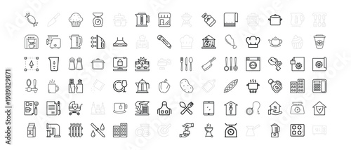 Collection of diverse household and kitchen icons in a grid layout