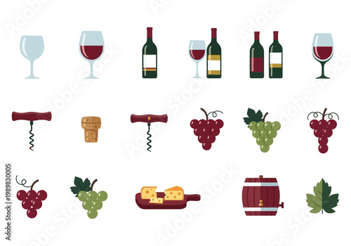 Wine collection glasses bottles accessories and grapes a colorful illustration