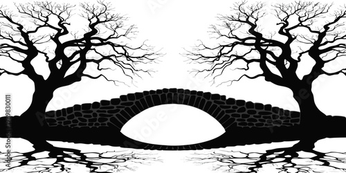 Dark silhouette of an ancient stone arch bridge between gnarled bare trees with reflections and birds black white graphic novel silhouette monochromatic leafless reflection landscape dramatic