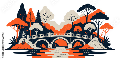 Stylized flat illustration of an arched stone bridge over a river surrounded by autumnal trees in orange and dark blue colors with graphic design scenic landscape scenery illustration landscape