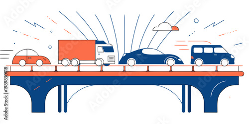 Flat illustration of modern city bridge traffic with a delivery truck cars a minivan moving along an elevated highway flat design urban life road transport commuter travel public transport