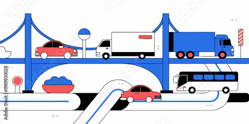 Modern bridge infrastructure illustration with multi-level roadways featuring trucks a passenger bus cars in a clean flat graphic style flat design road network public transport city travel