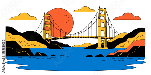 Golden suspension bridge over blue water minimalist illustration with suspension landscape architecture minimalist engineering illustration colorful infrastructure crossing connection